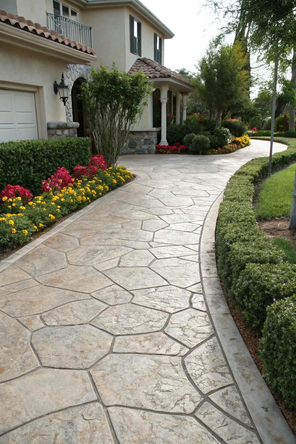 Genuine rock patterns offer an opulent visual in this driveway.