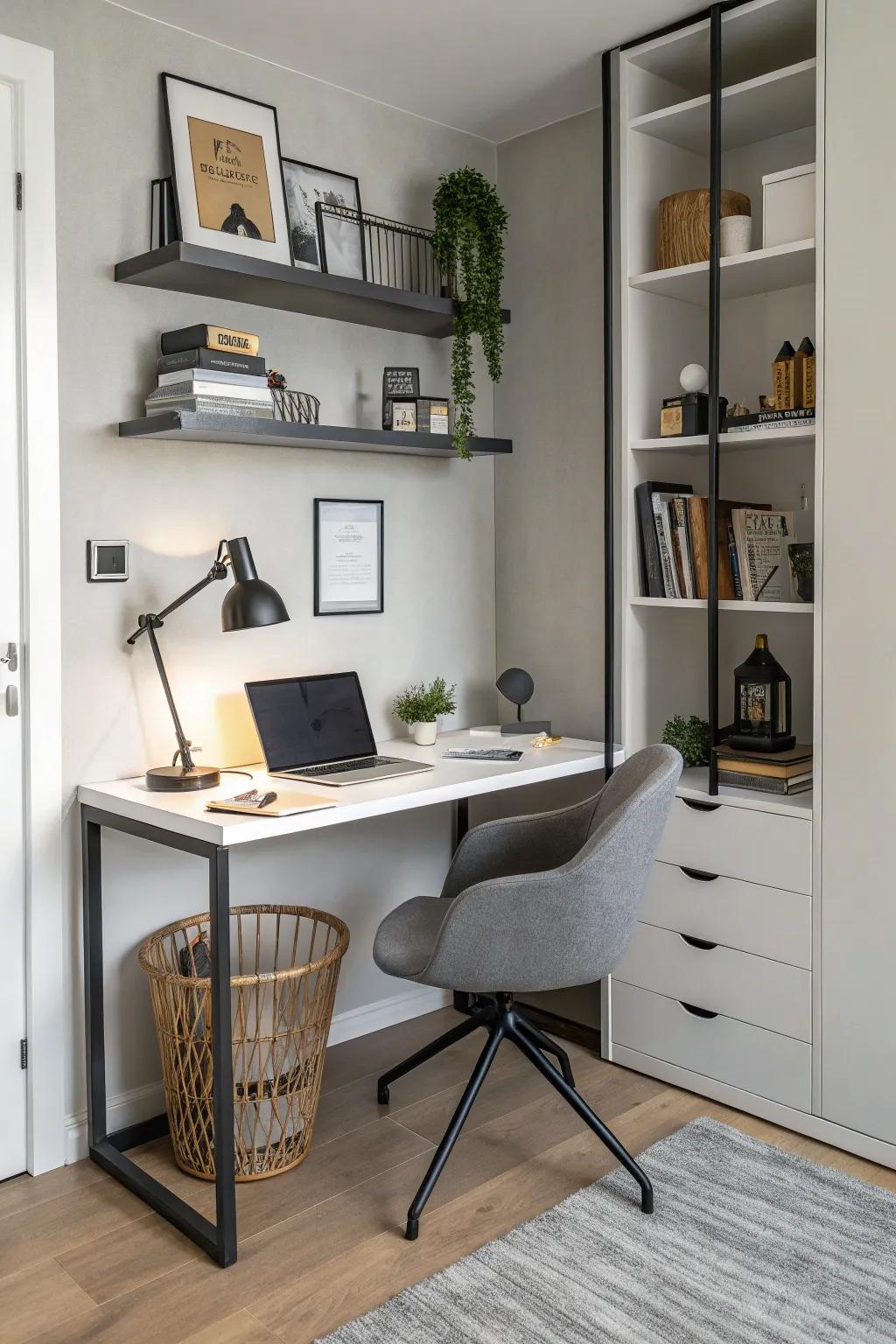 A small upright desk arrangement that makes the most of space.