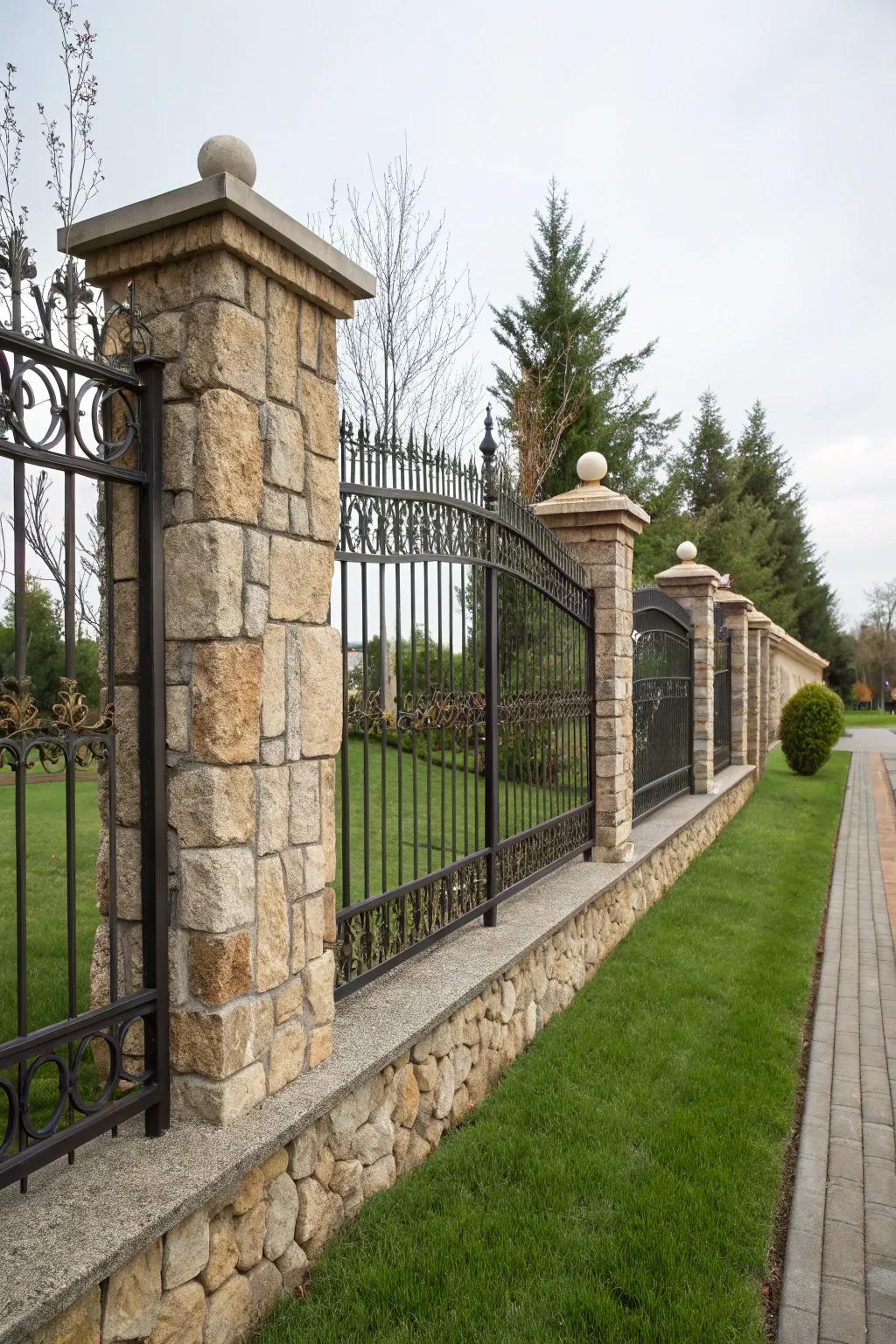 A robust and durable stone and iron fence built to withstand the test of time.