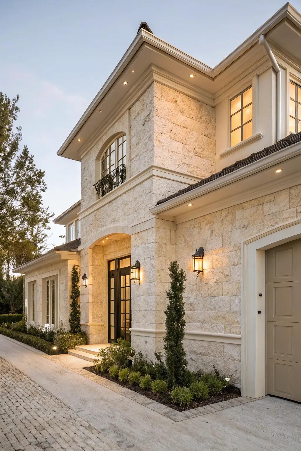 An elegant home featuring a light creamstone facade.