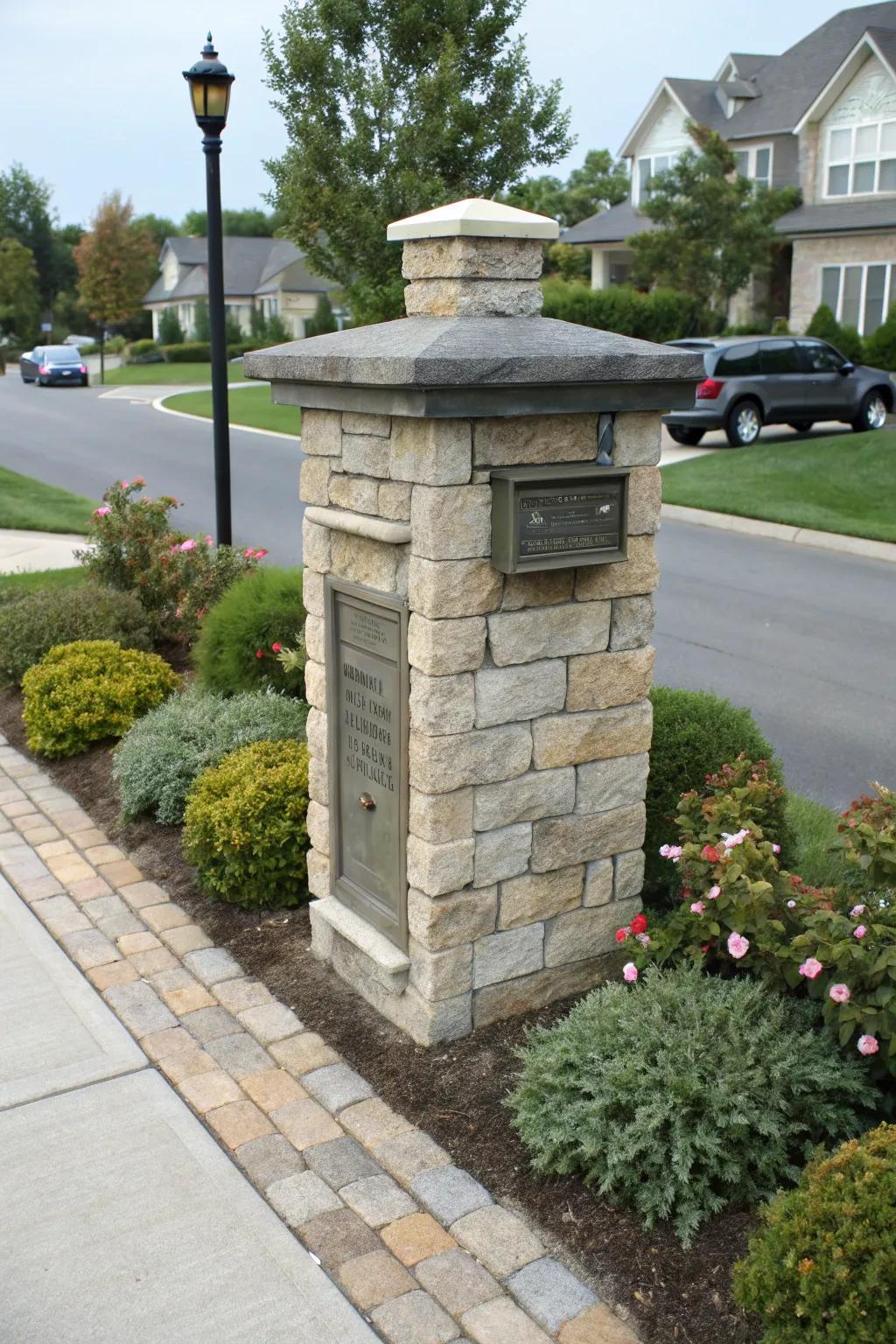 A stone mailbox pillar with a convenient package drop.