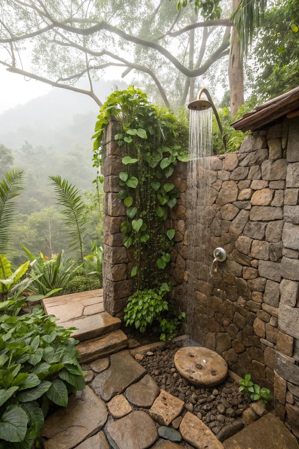Amplify the organic feel of stone with lush plant life.