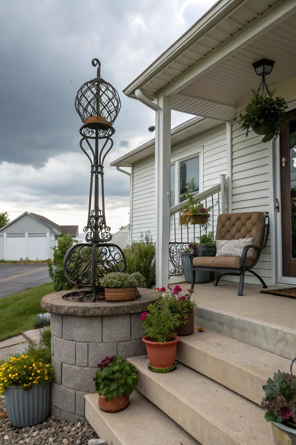 A metal sculpture incorporates an artistic touch for the stoop.