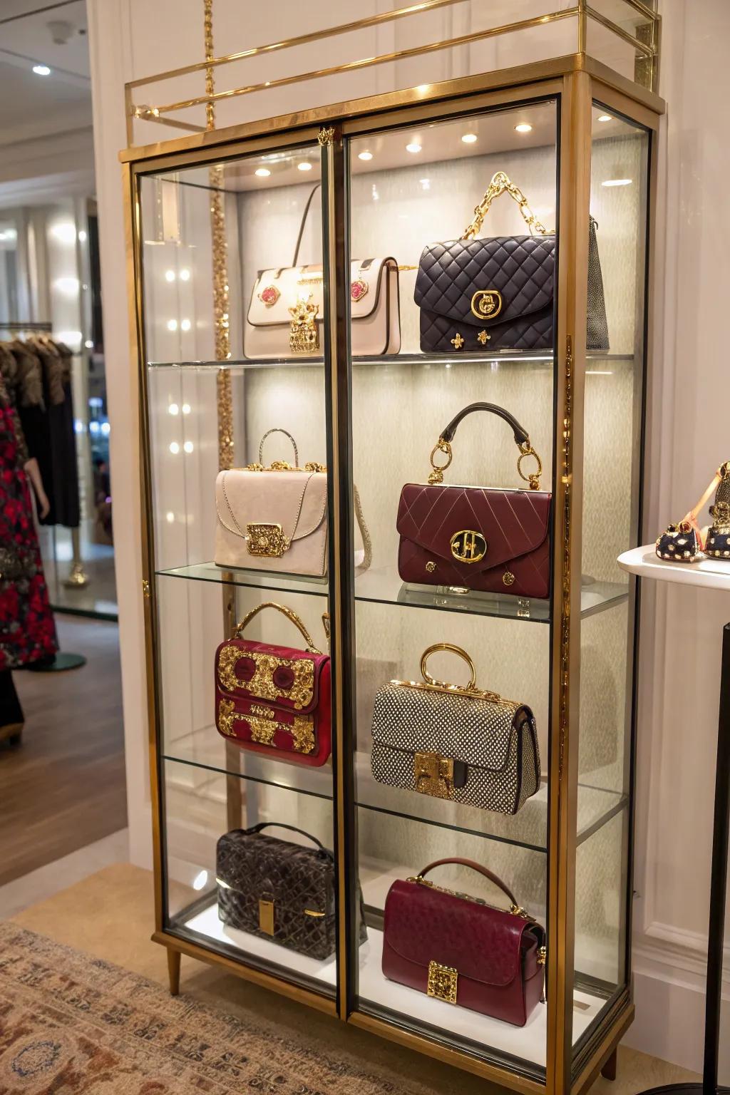 Glass-front cabinet showcasing a collection of handbags.