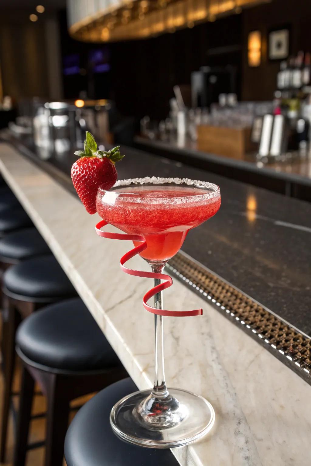 An elegant cocktail featuring a sophisticated strawberry spiral garnish.
