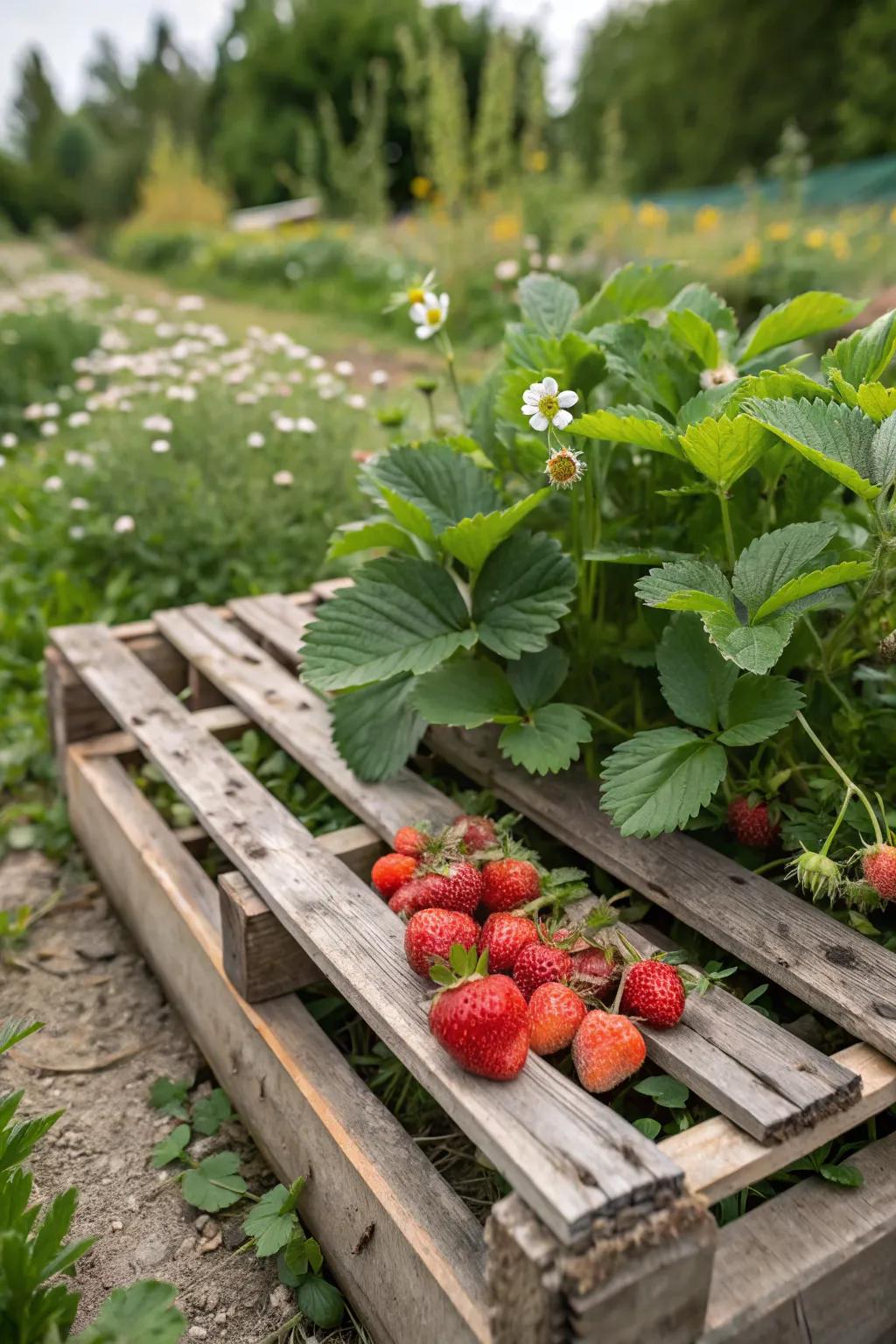 A rural pallet planter that has strawberries.