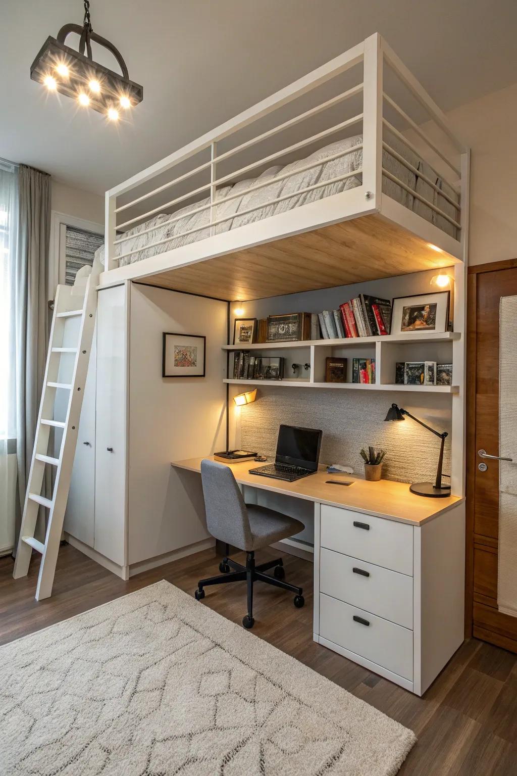 High beds create separate living and sleeping areas.