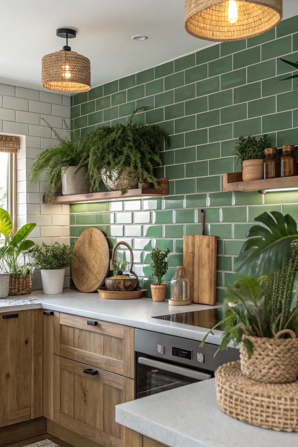 Green elongated tiles introduce a refreshing and natural vibe to the cooking space.