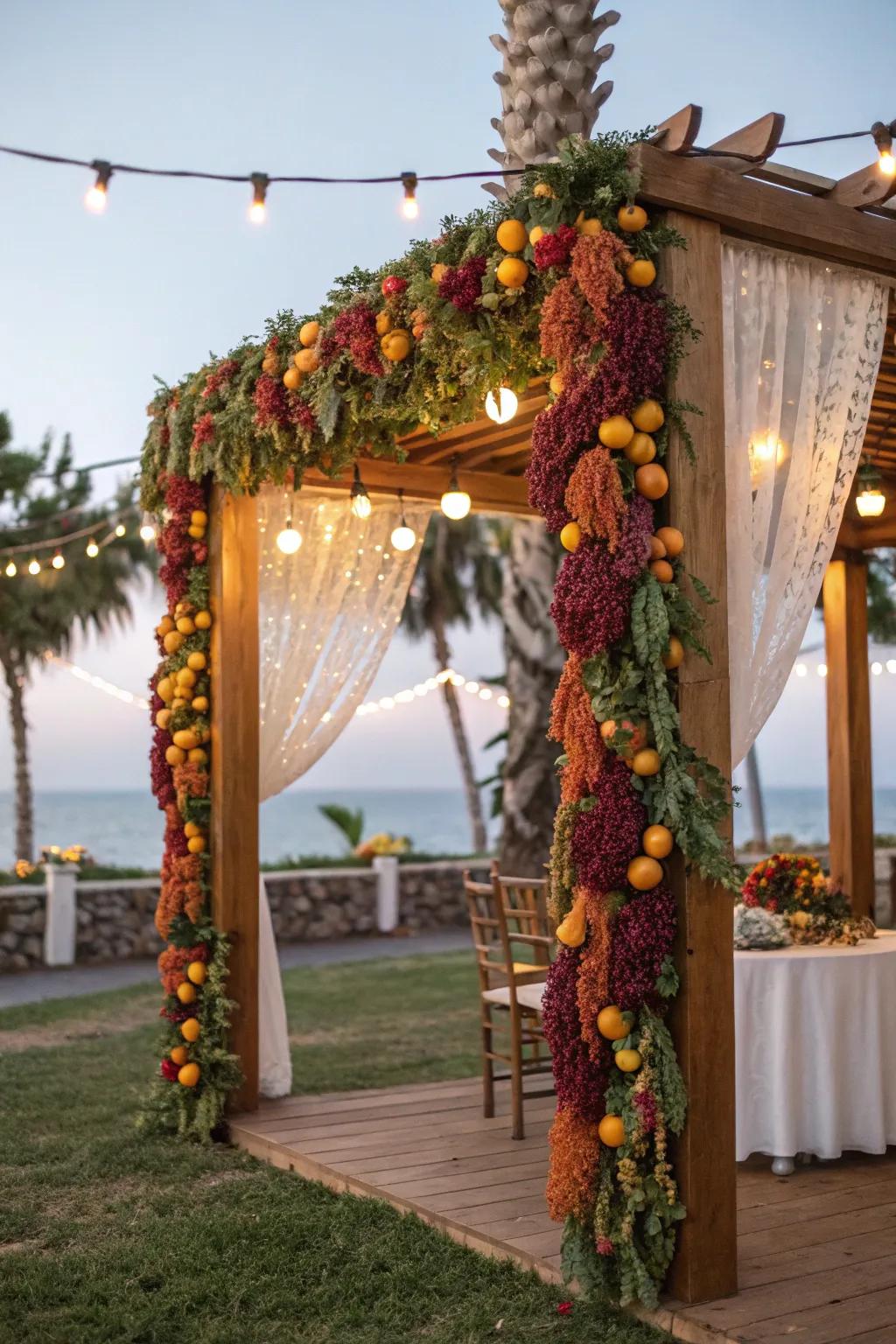 A naturally adorned sukkah featuring fragrant dried fruit garlands.