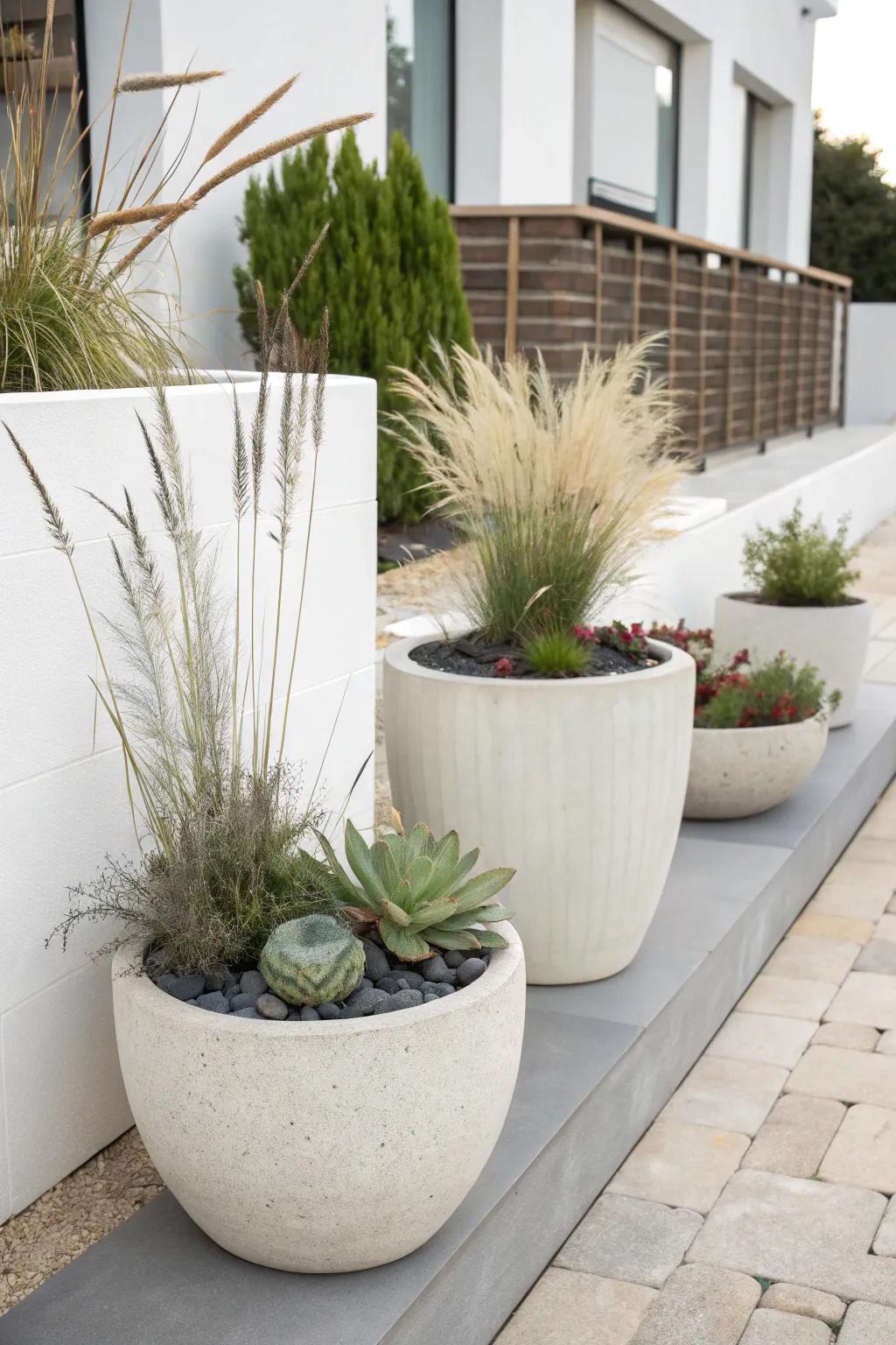 Monochromatic containers exhibiting grasses and xerophytes