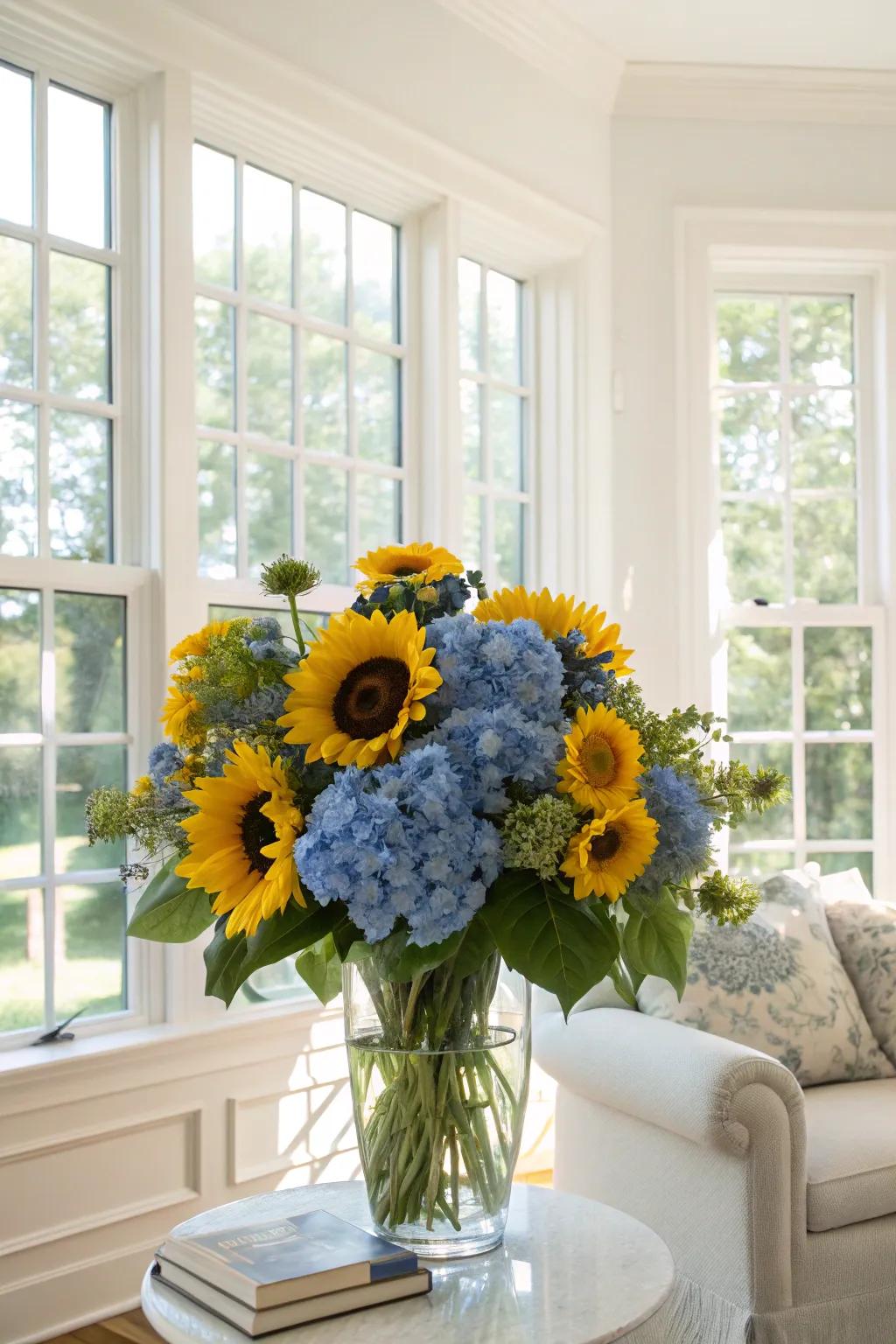 A stunning contrast of sunflowers and blue hydrangeas.