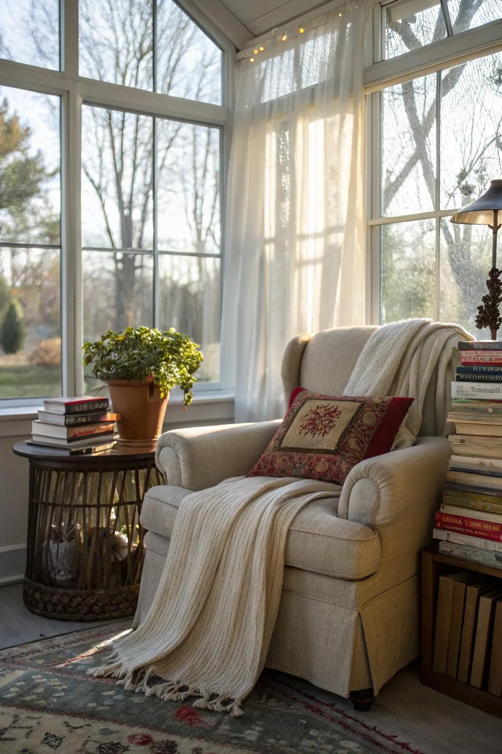 A reading nook provides a tranquil escape within the sunroom.