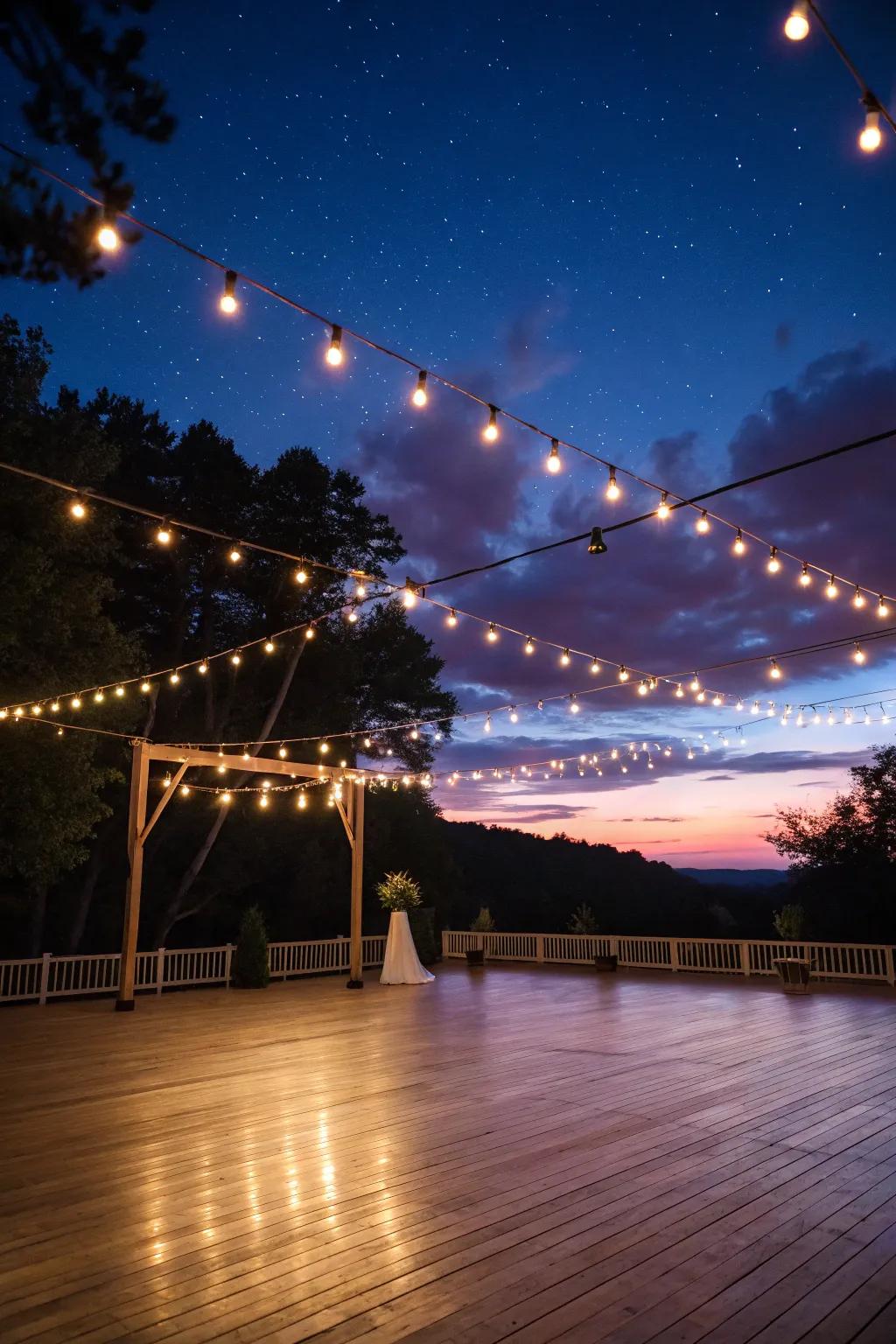 Twinkle lights fashioning a starry display above a ceremony dance floor.