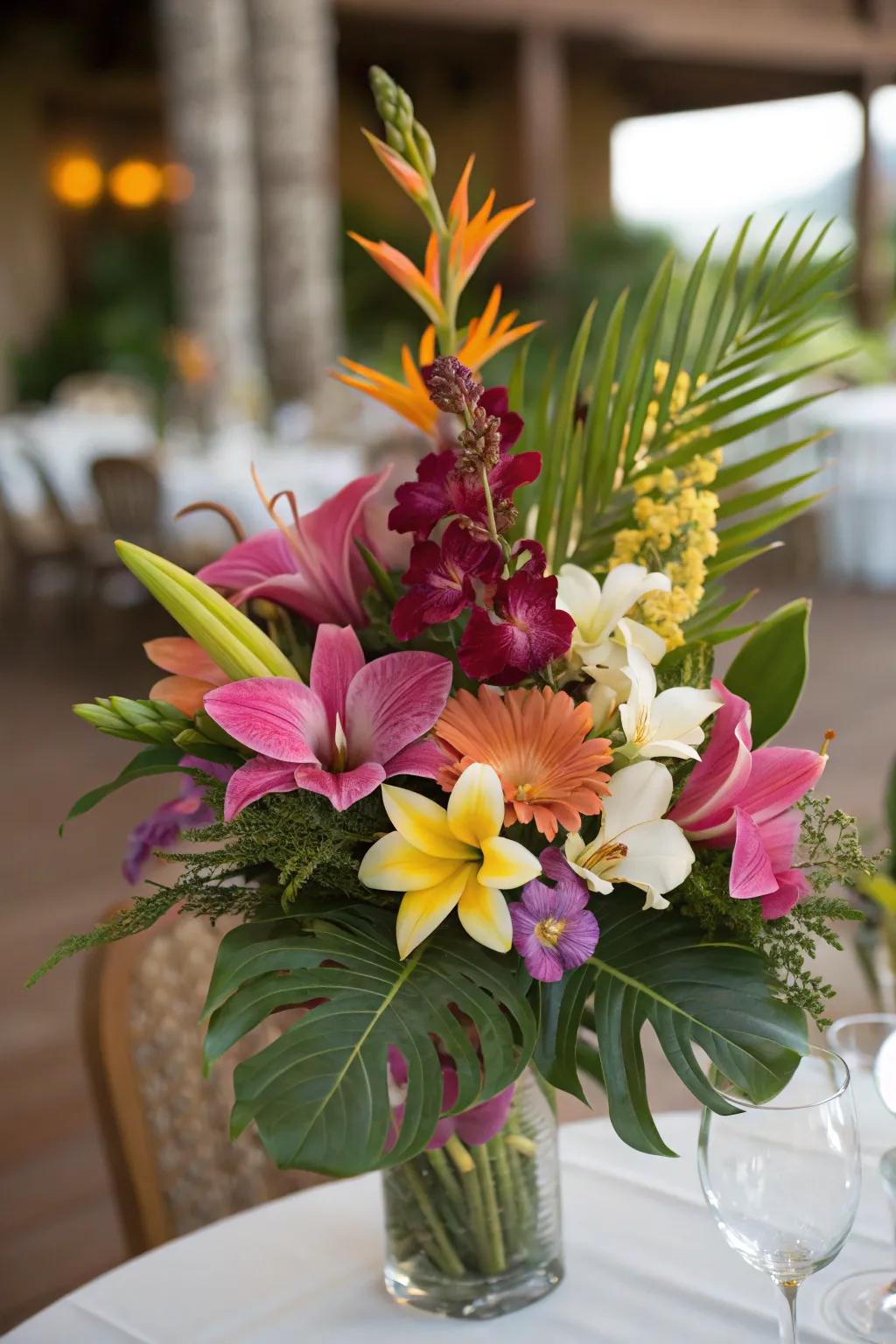 A vibrant exotic centerpiece featuring overseas anthuriums and orchids.