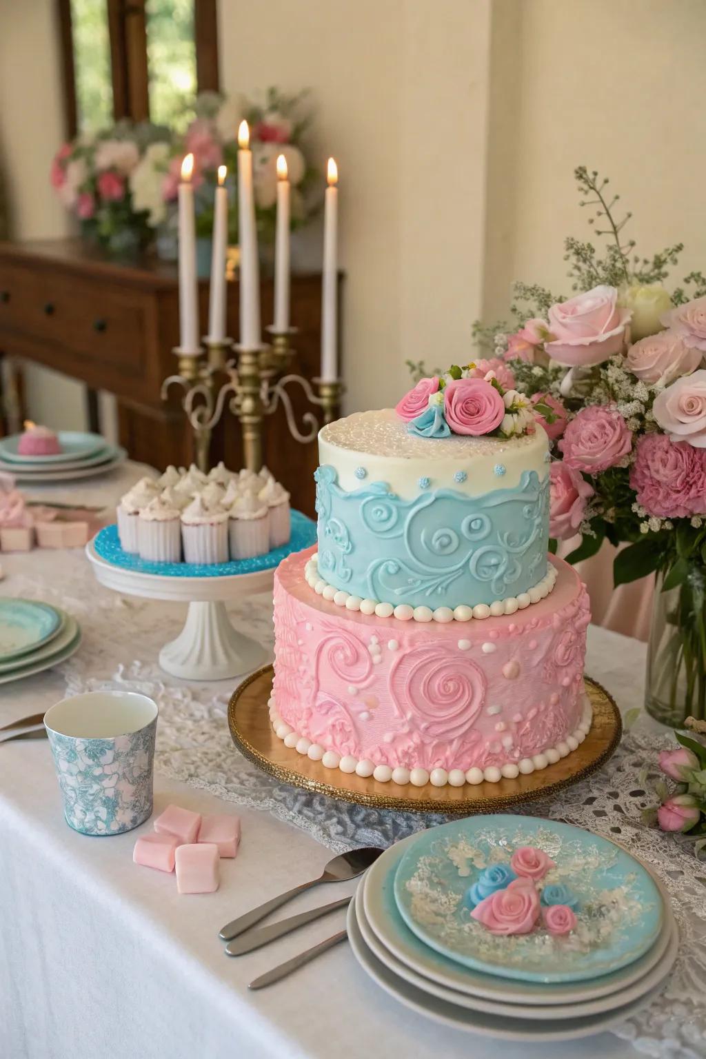 A breathtaking gender reveal pastry serves as the perfect table centerpiece.