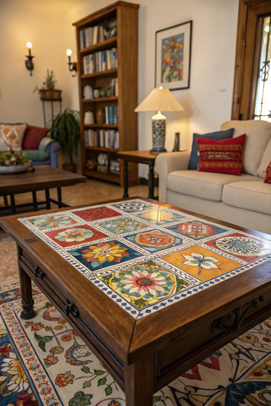 Make your coffee surface a centerpiece using Majolica mosaics.