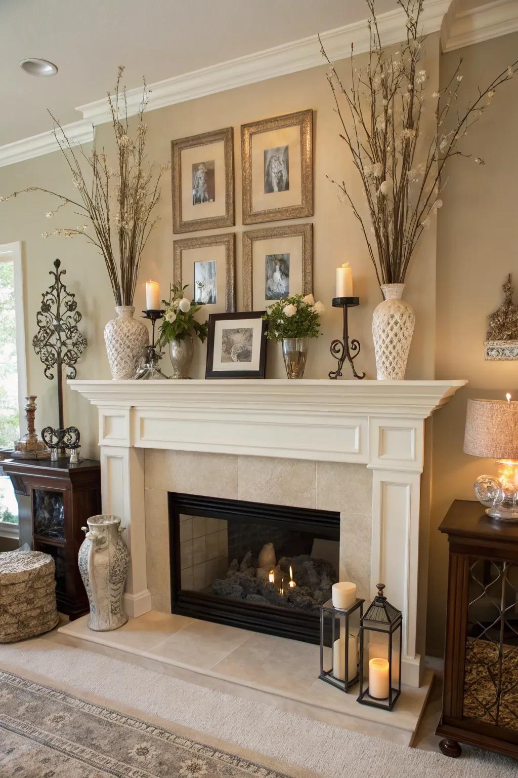 A high mantel featuring decor that complements the area's hue scheme.