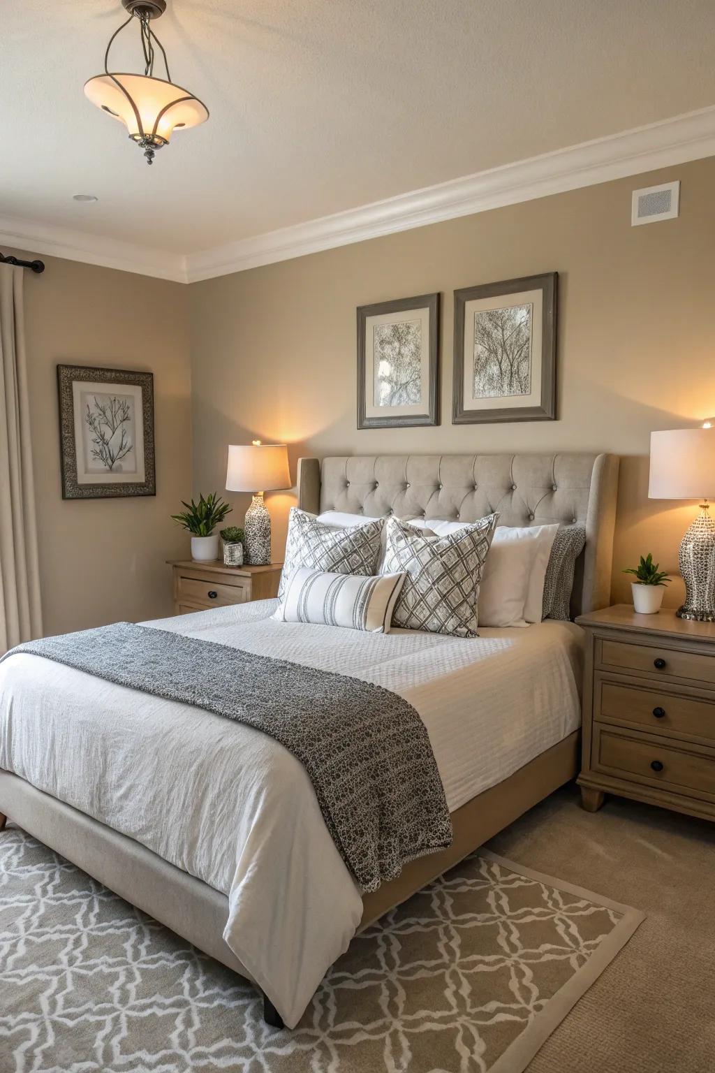 The tan bedroom design is subtly elevated by complementary hues.