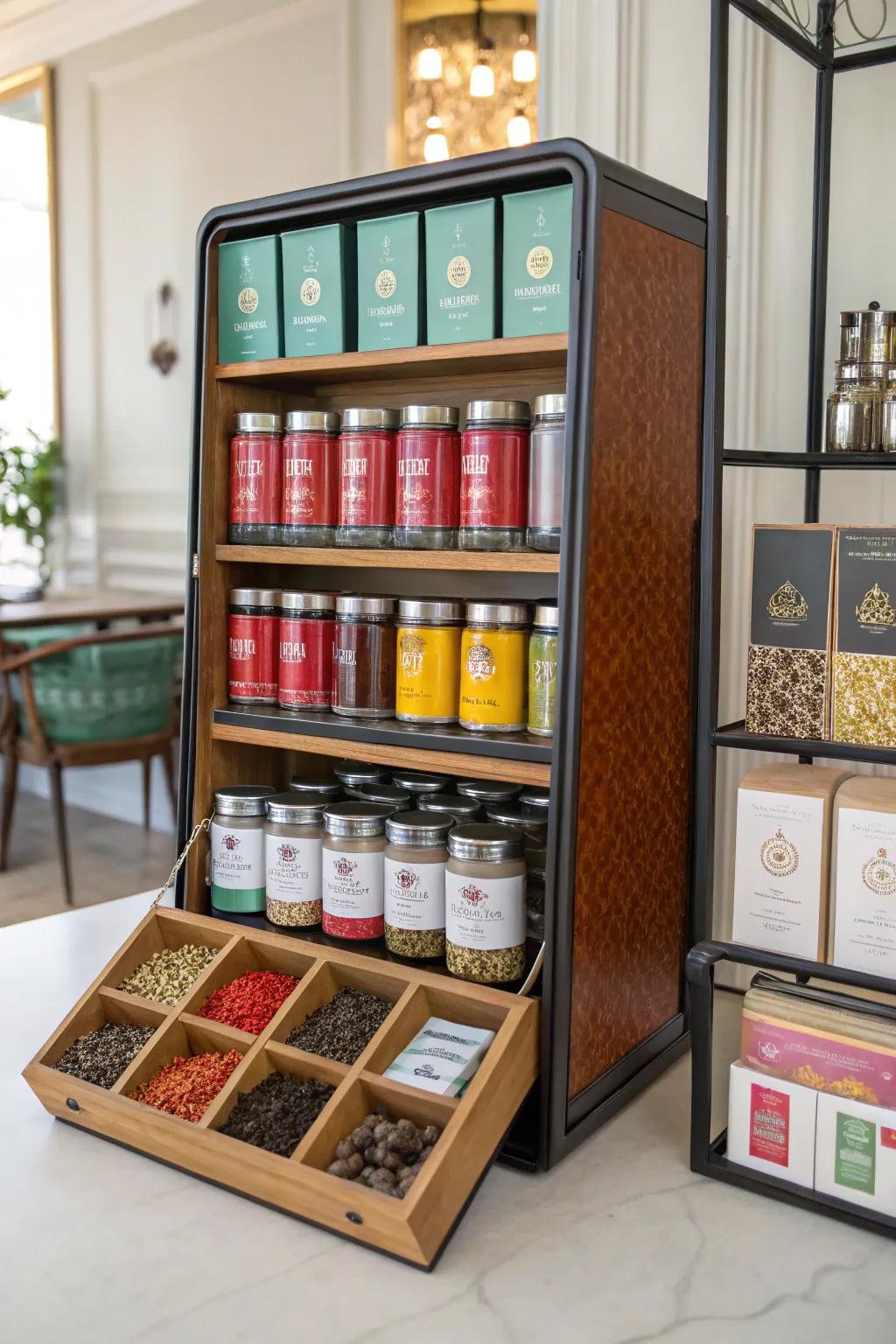 An open display rack exhibiting a tea collection.