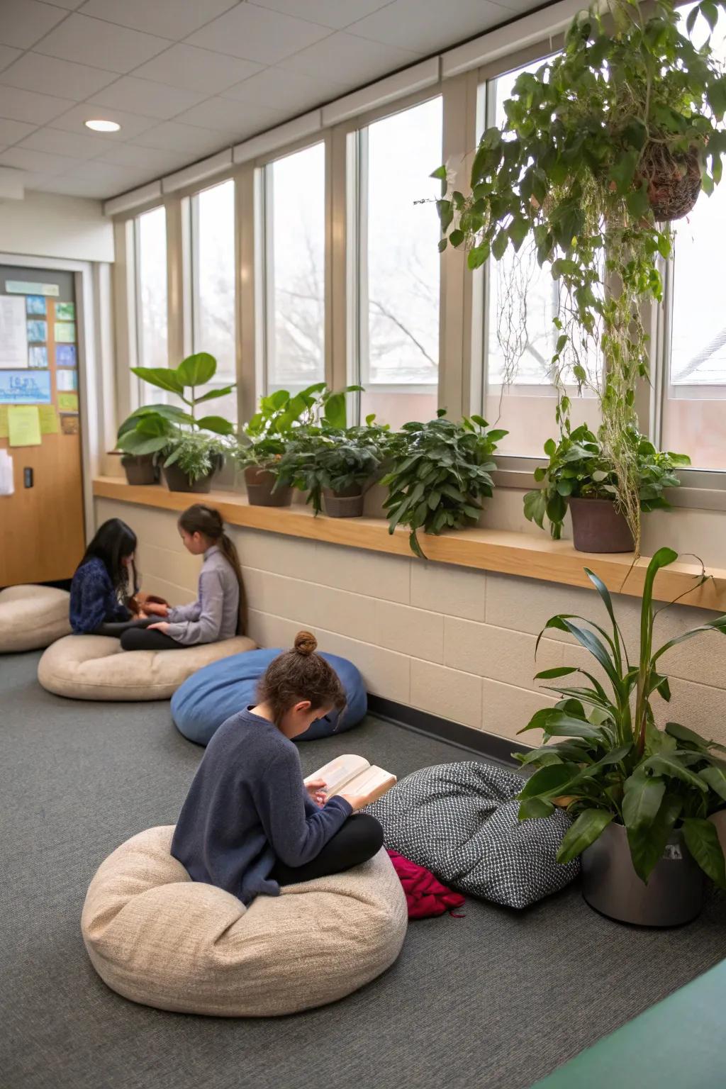 A mindfulness spot delivers a tranquil retreat within the class setting.