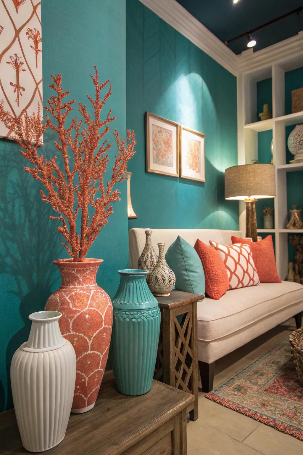 Invigorating and bright decor with teal and coral features.