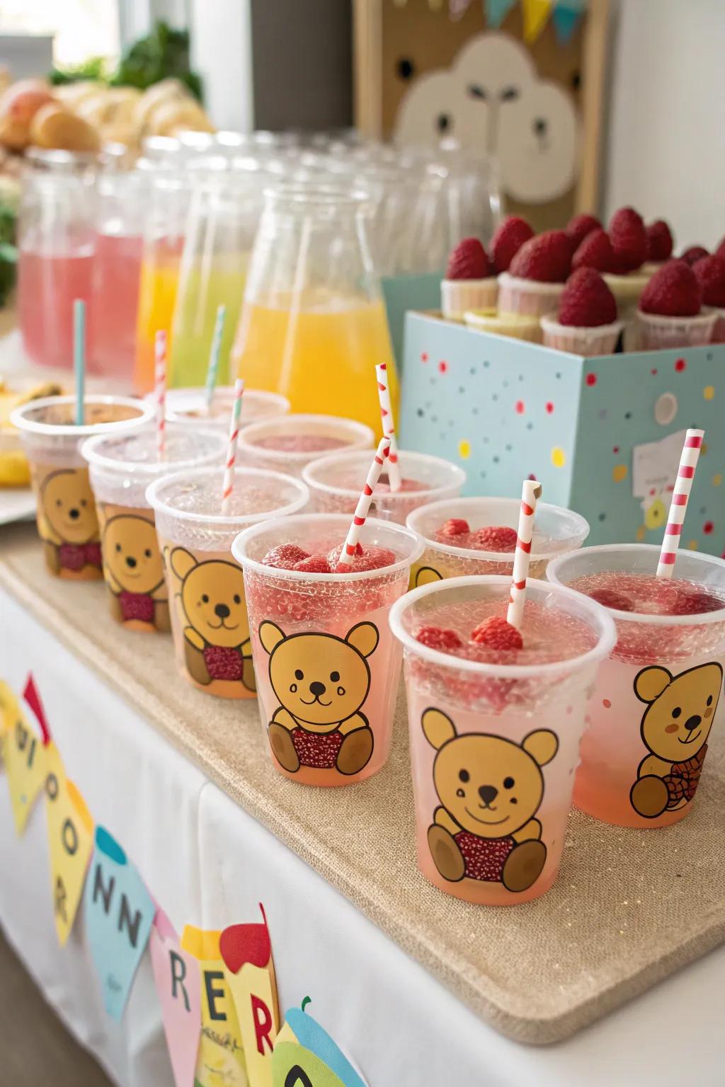 Cuddly bear mugs add a playful touch to the drink station.