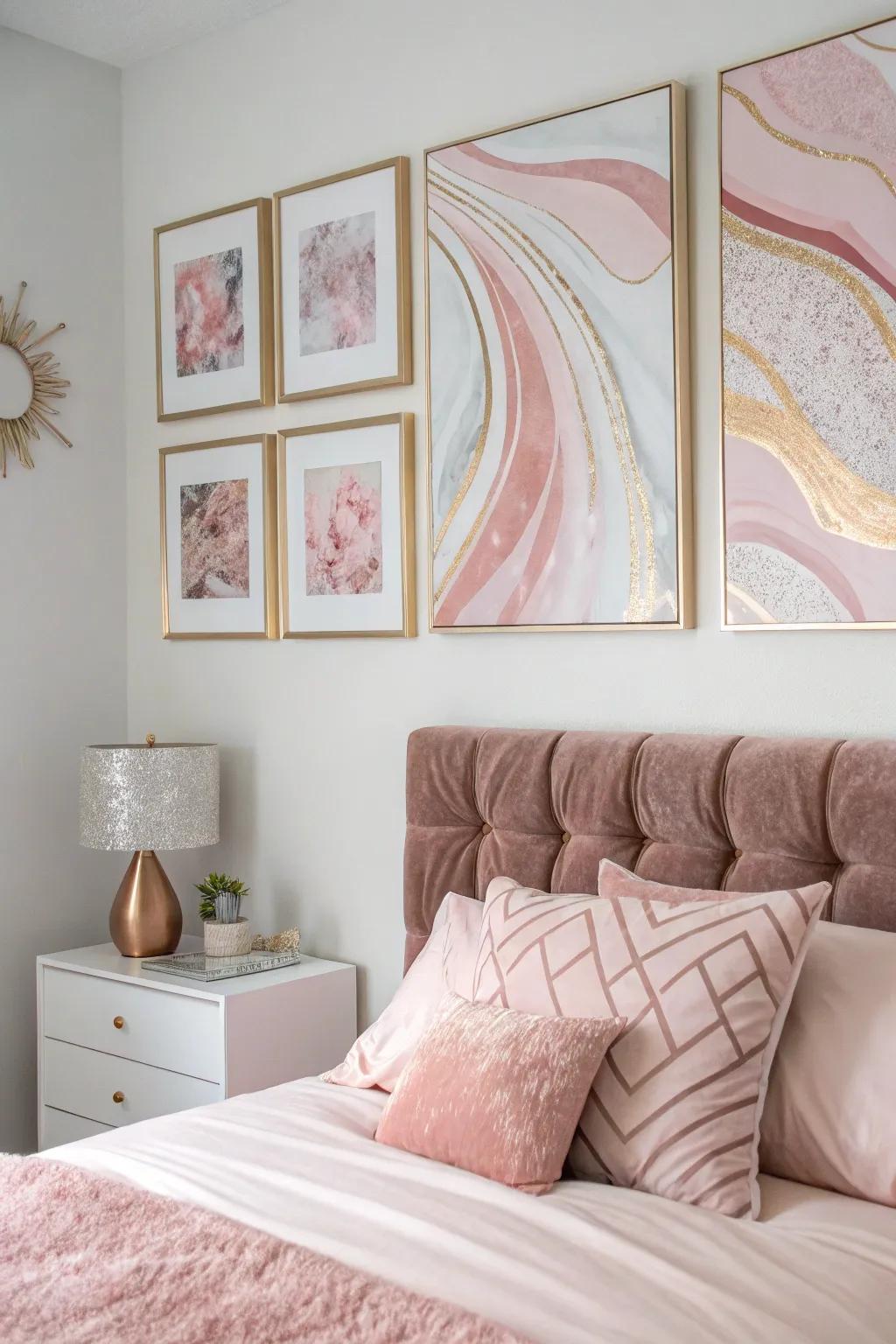 Rose gold wall decor imparts a personal and elegant touch.