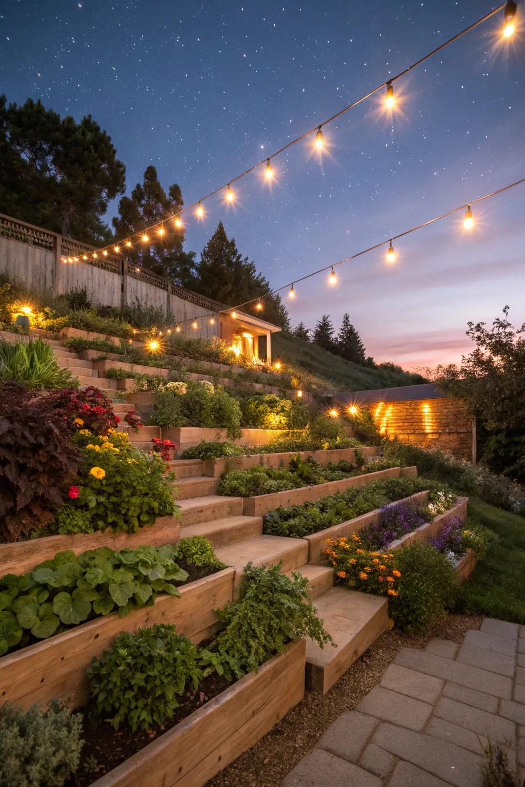 Clever lighting in a terraced garden, enhancing evening ambiance and safety.