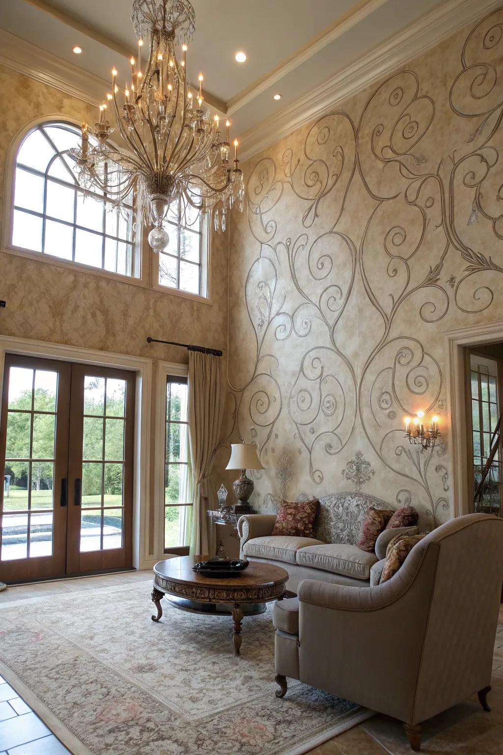 A living room showcasing a luxurious Venetian plaster wall.