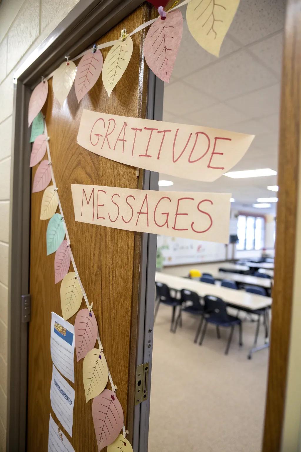 A gratitude bunting exhibit itemizing students' thank you messages.