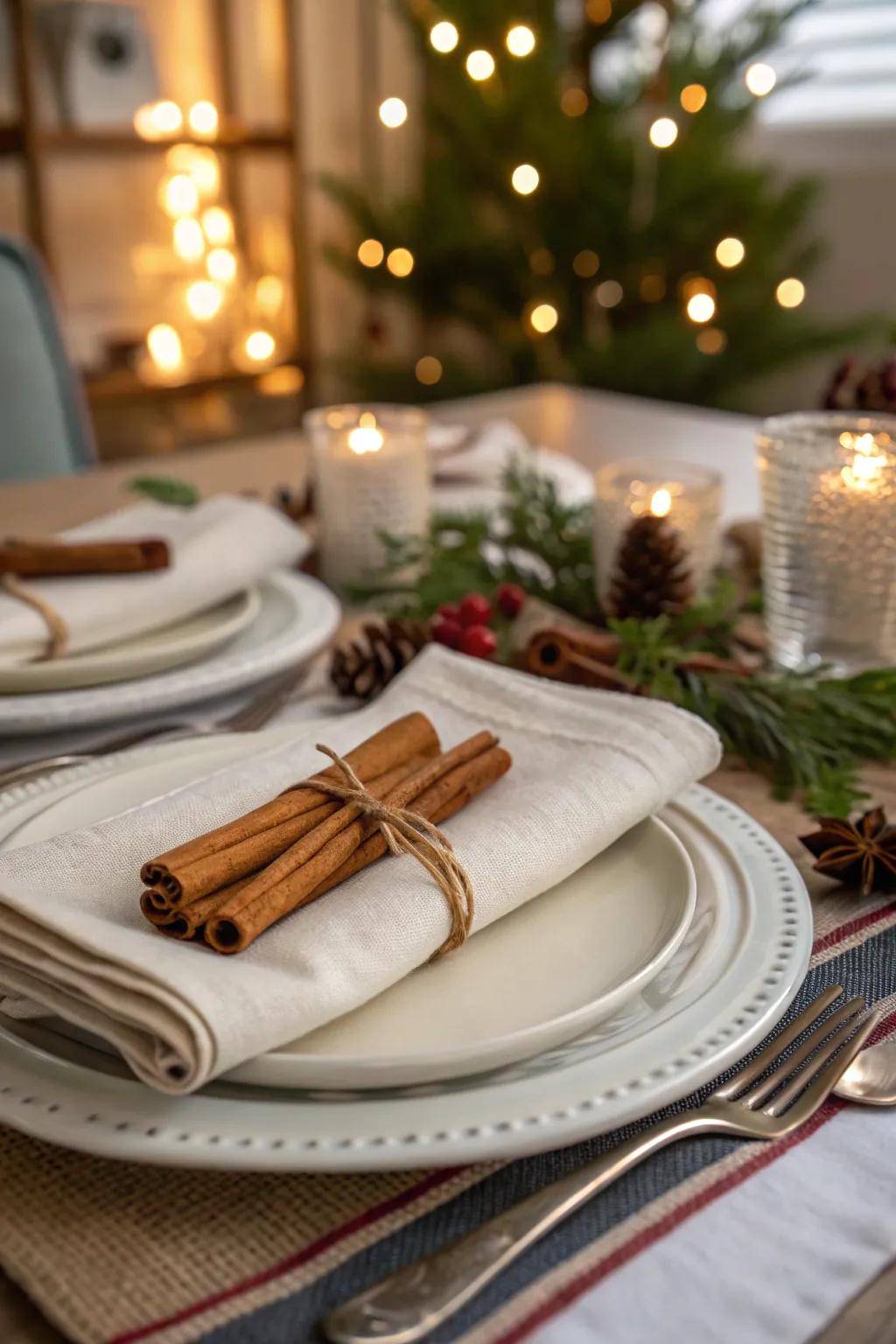 Cinnamon sticks add a fragrant and festive charm to your table setting.