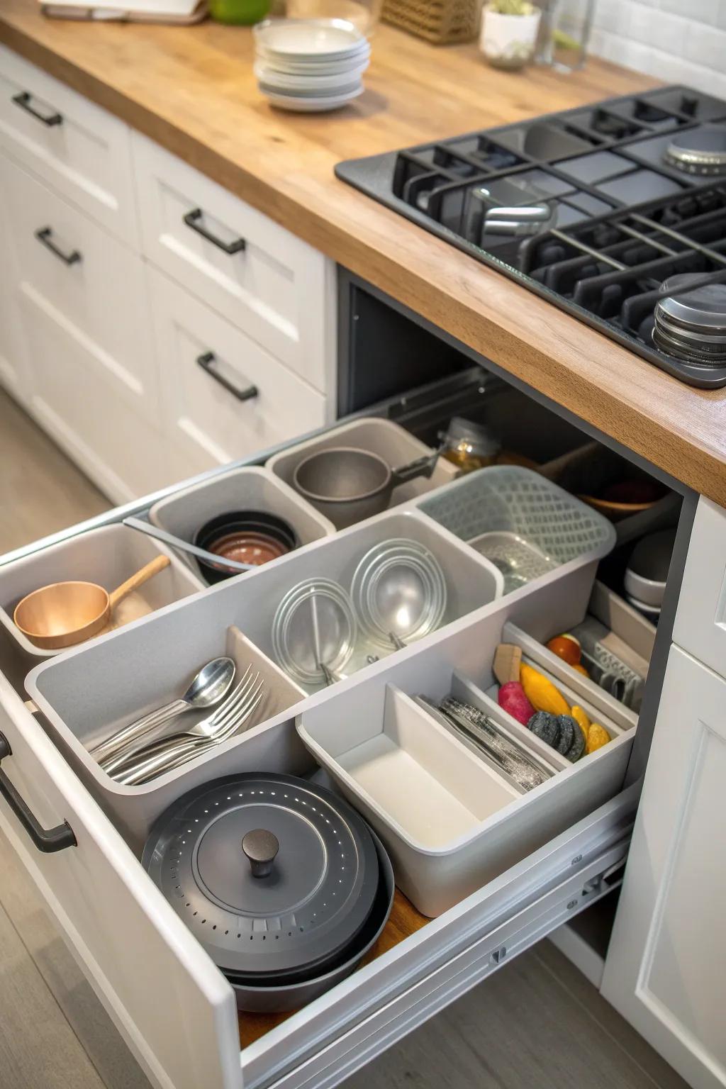 Well-organized drawers make kitchen storage more efficient.
