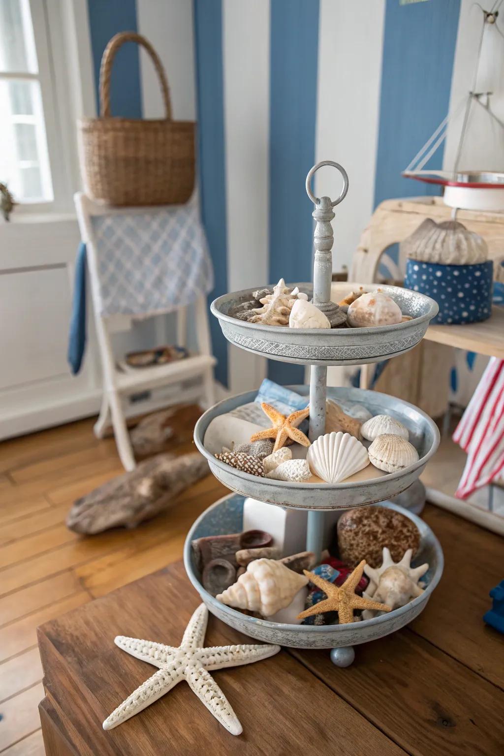 A coastal-themed tiered tray capturing the essence of the sea.
