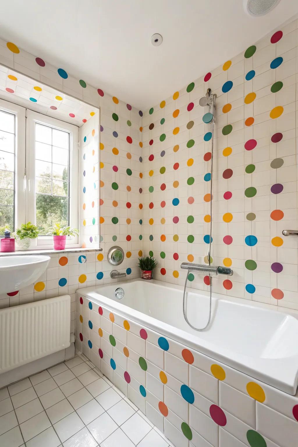 Polka dot tiles add a whimsical, cheerful vibe to your bathtub space.