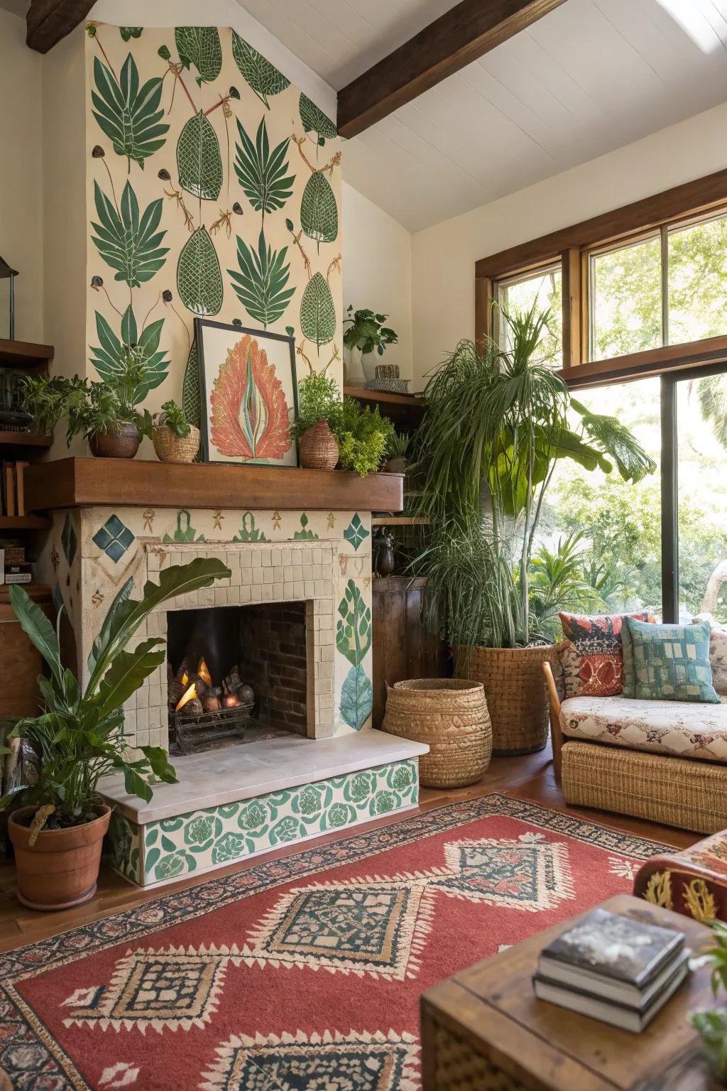 Tropical panels bring a fresh and exotic touch to this lively fireplace.