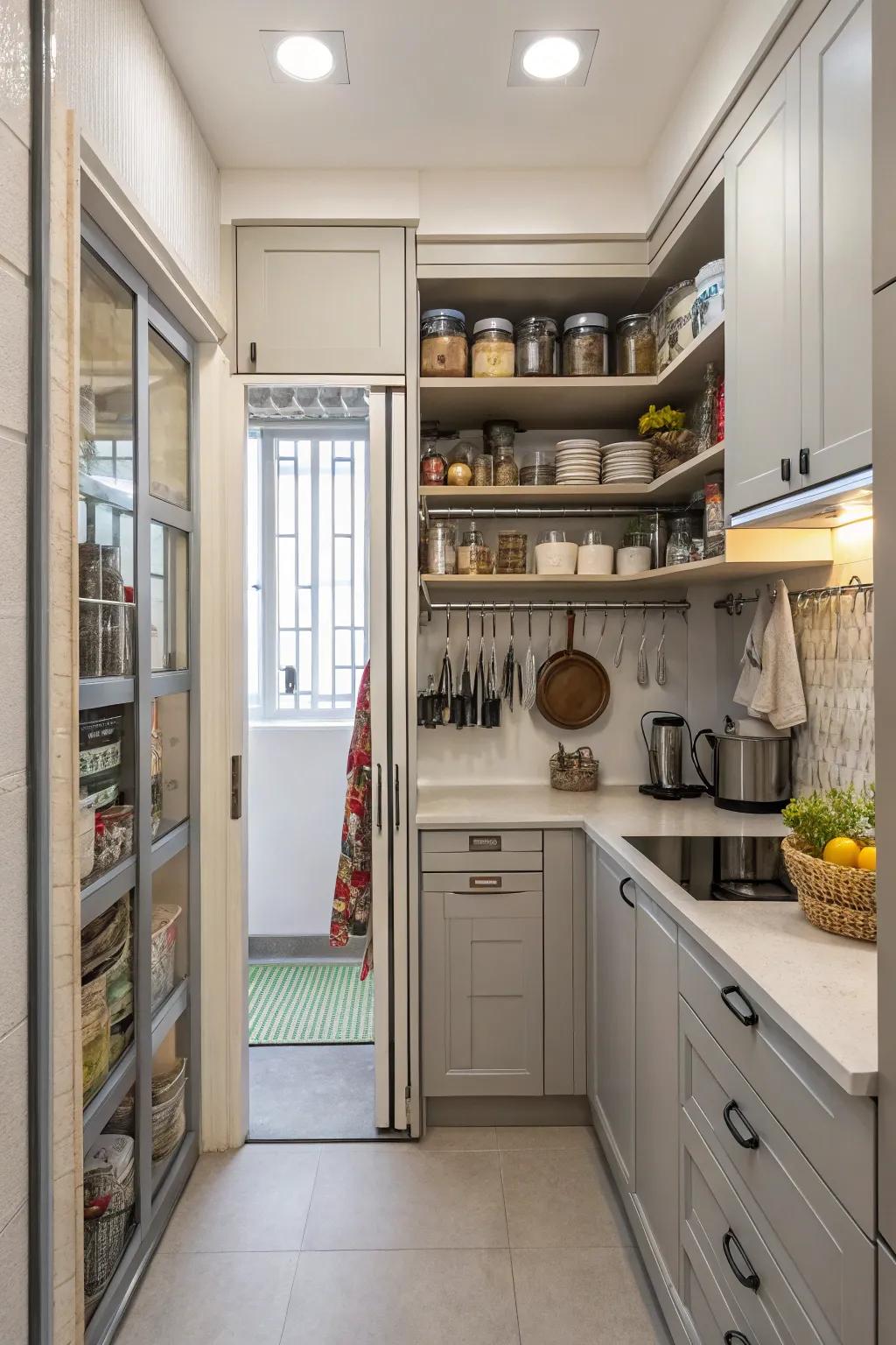 Vertical storage optimizes footprint and boosts elevation in a small cooking space.