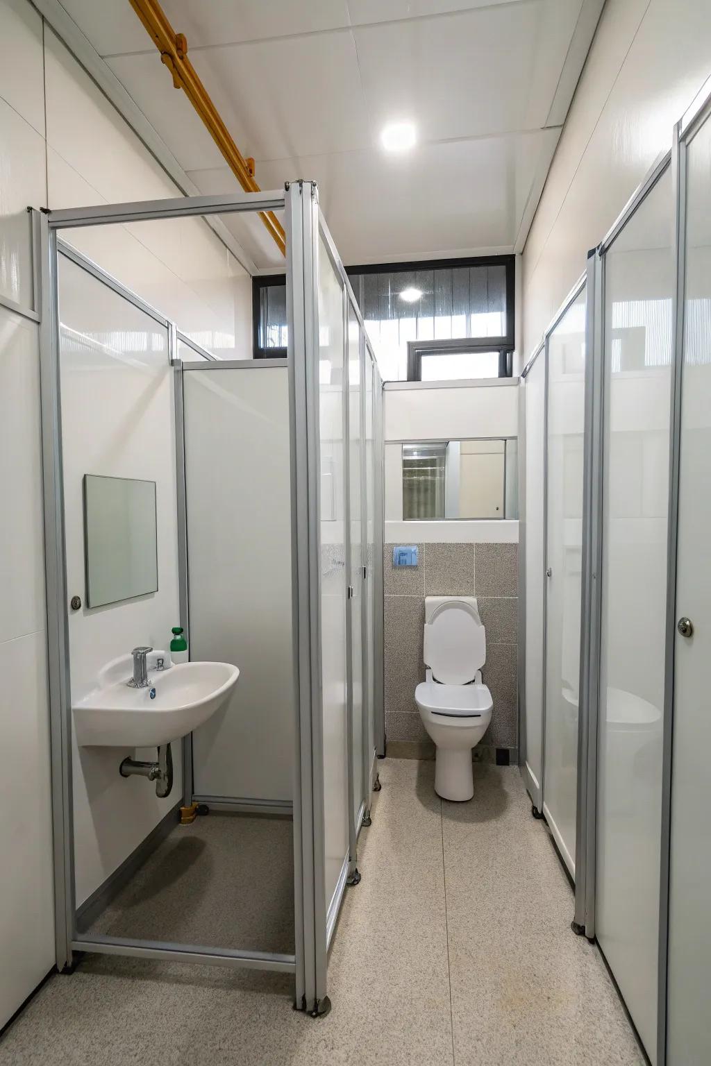 See-through walls keep the small bathroom open and full of light.