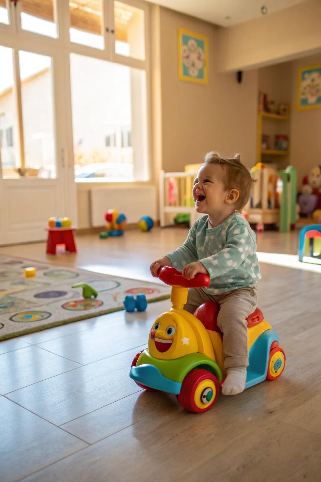 Rolling around with joy on a fun rolling toy.