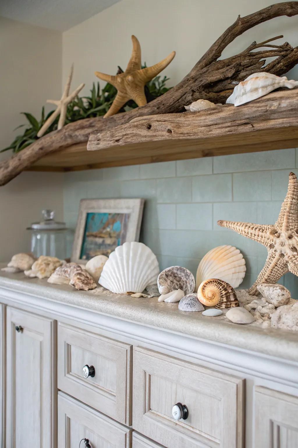 Invite the beach indoors through seaside-inspired accents displayed above your cabinets.
