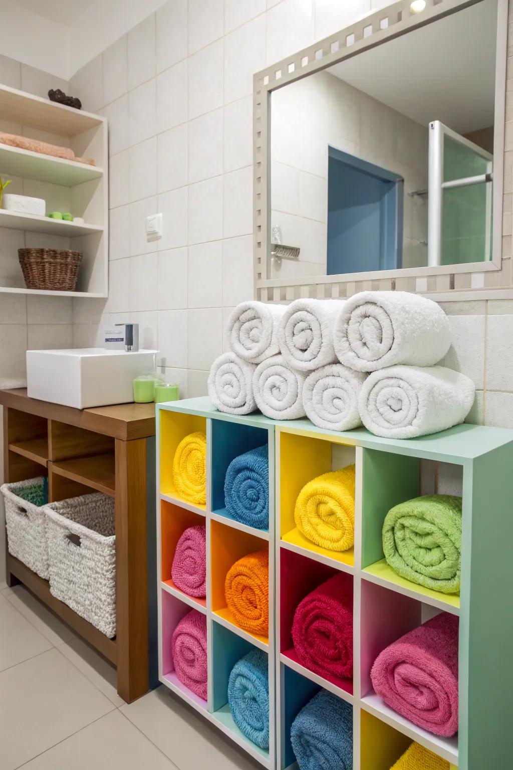 Append a surge of hue through compact towel organizers.