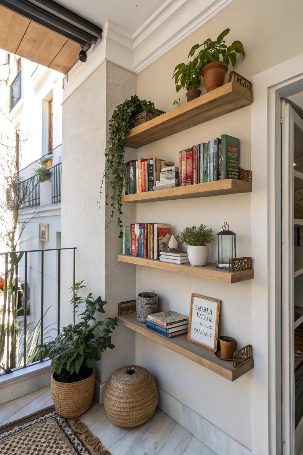 Wall-mounted racks displaying books and decor