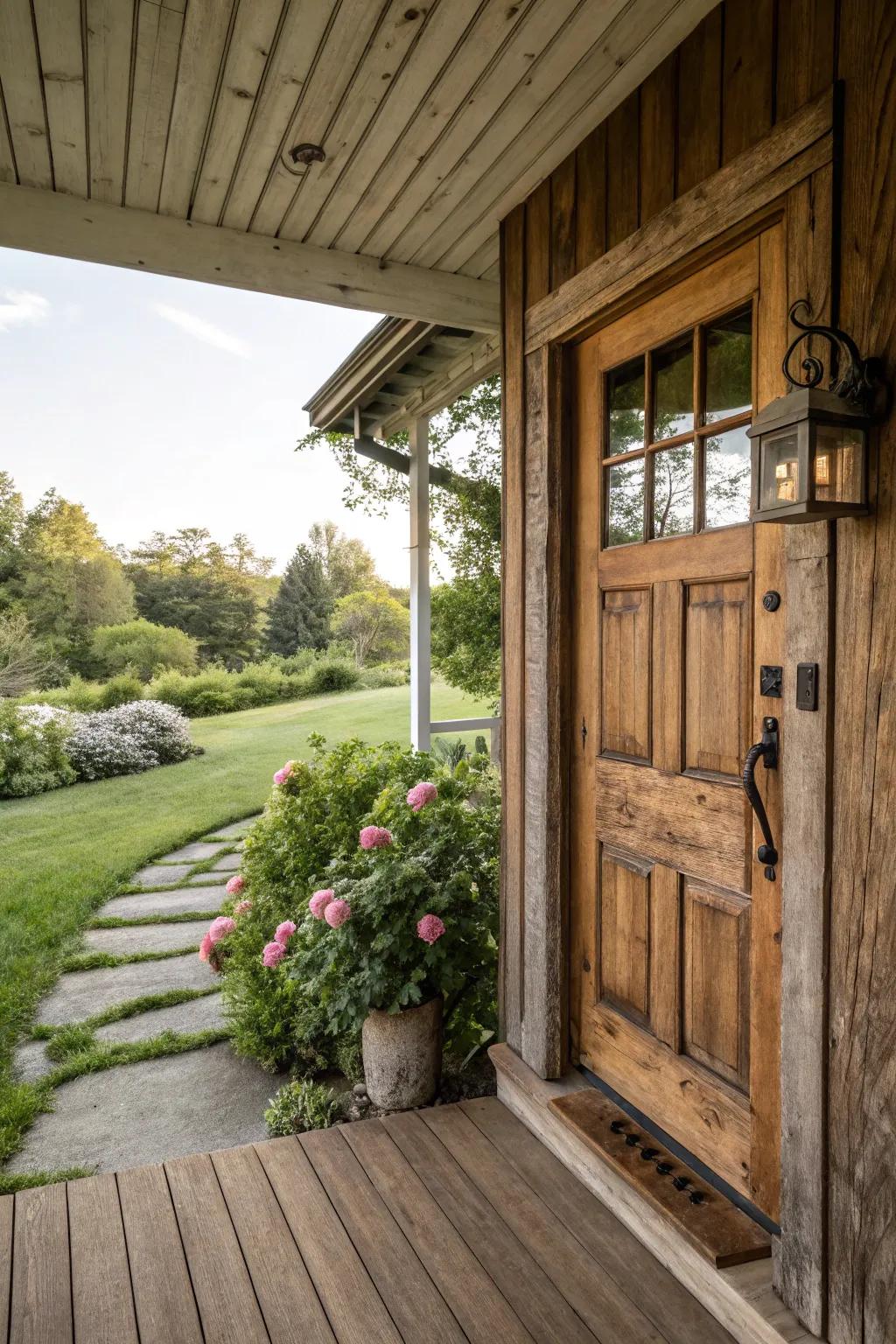 Rural beauty with rustic wooden doors brings warmth and coziness.