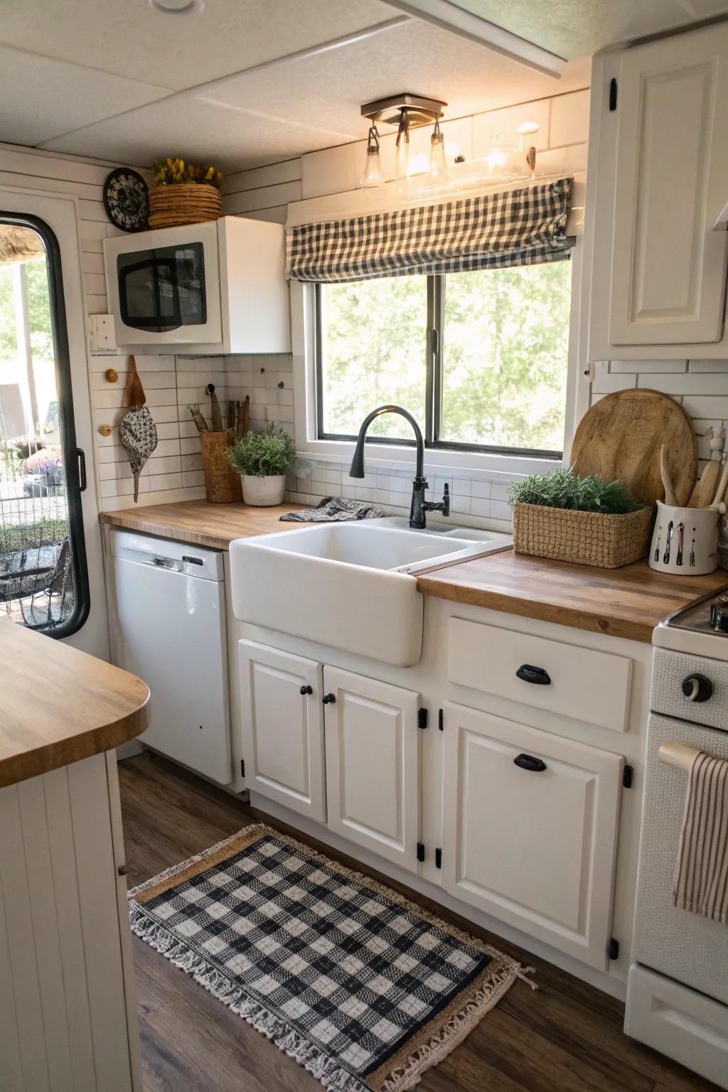 A farmhouse sink adds a rustic charm and works great.