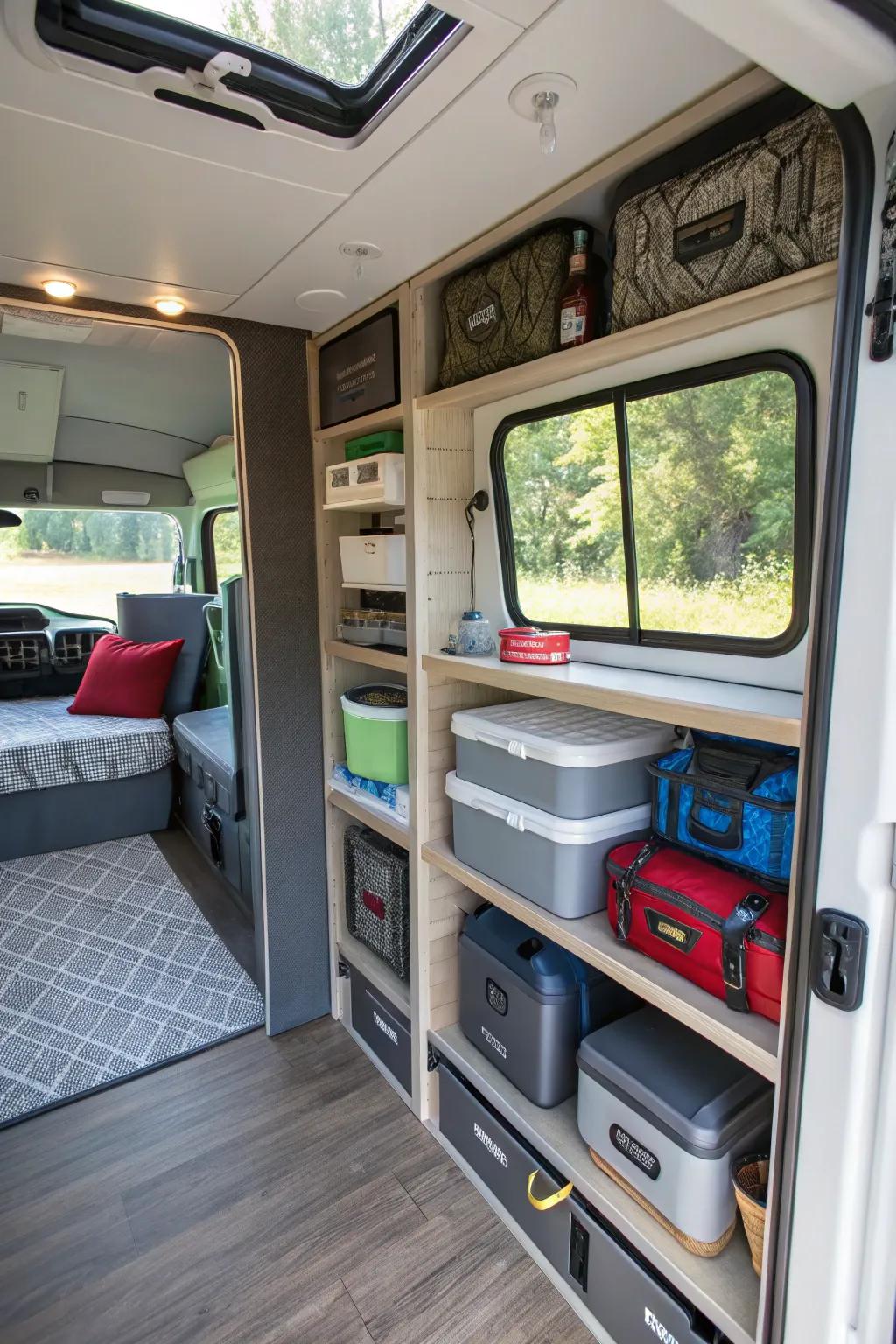 This travel trailer uses creative storage in small spaces to keep the interior organized and stylish.