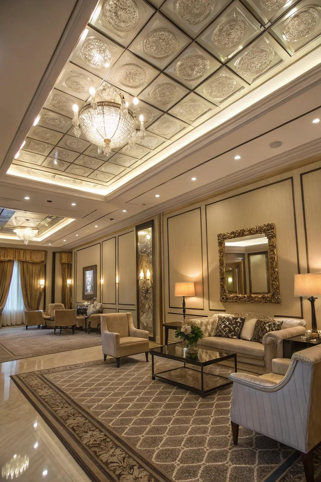 An elegant room enhanced by a tray ceiling showcasing mirrored panels.
