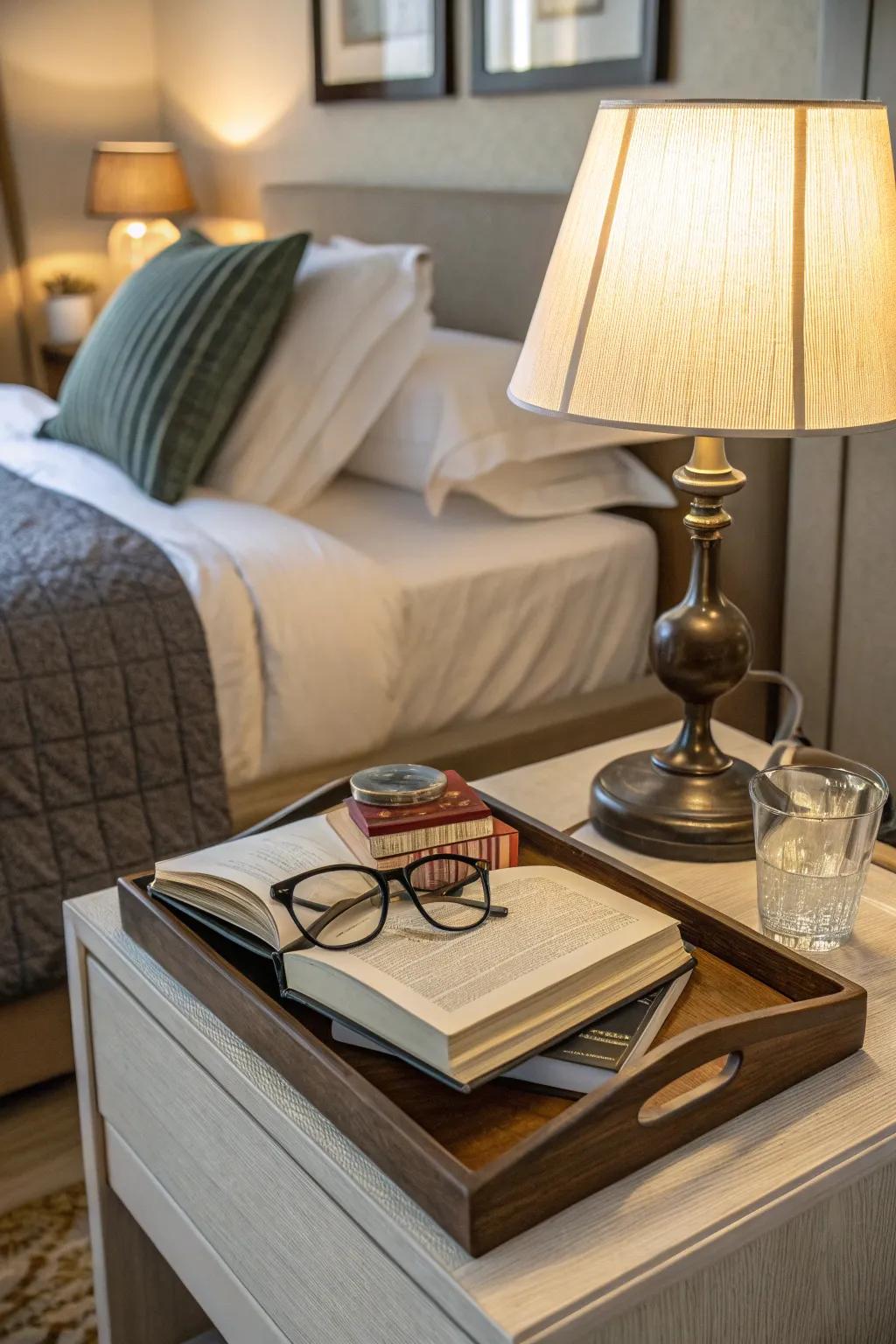 A snug boudoir bedside furnishing exhibiting a fashionable tray.