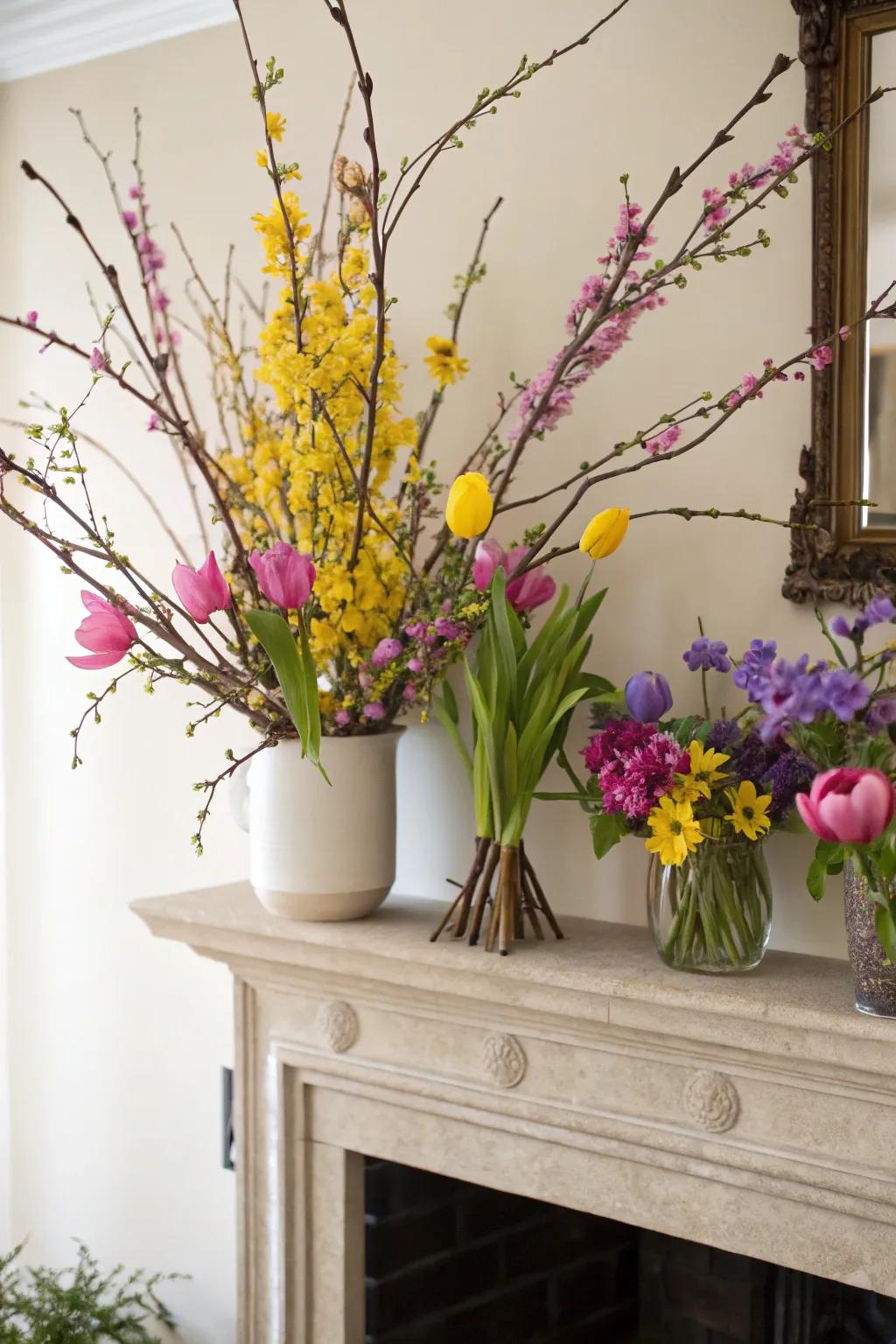 Seasonal branch arrangement exhibiting springtime blossoms.