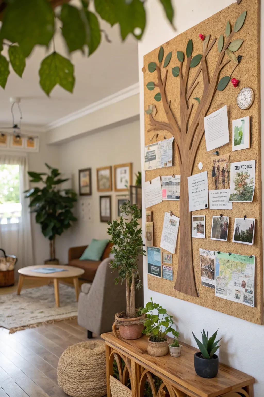 An eco-conscious tree notice board fashioned from recycled resources.