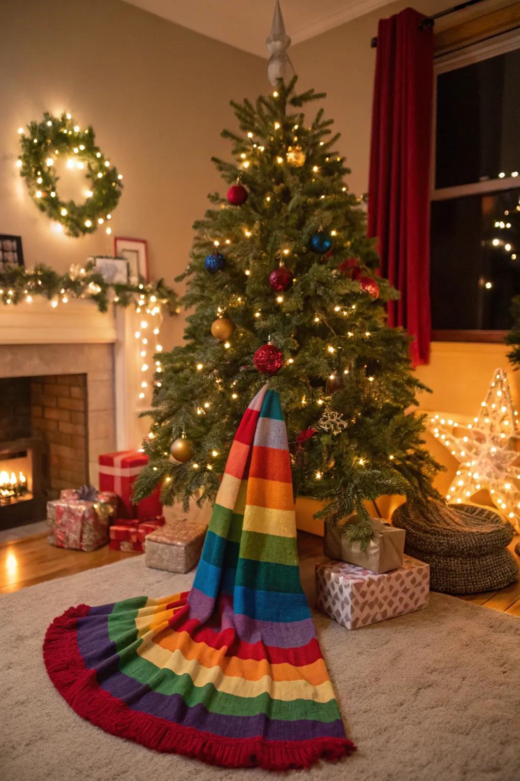 A scarf introduces a playful and vibrant touch to your tree base.