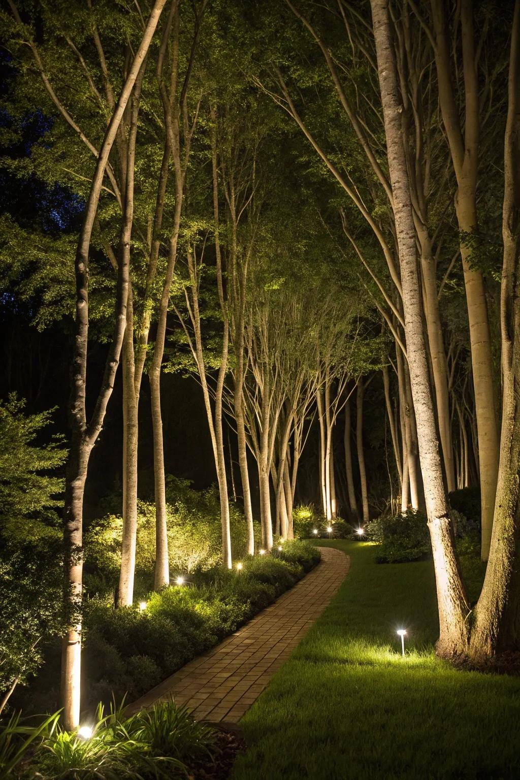 Spotlights elegantly accentuate slender tree trunks.